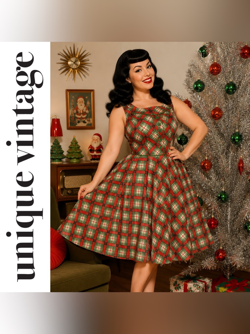Unique Vintage Green & Red Tartan Plaid Christmas Elizabeth Swing Dress, 1X, NWT